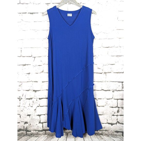 OH MY GAUZE! Tabasco Cotton Midi Dress Cobalt Lagenlook Minimalist Size L/XL - Picture 1 of 6